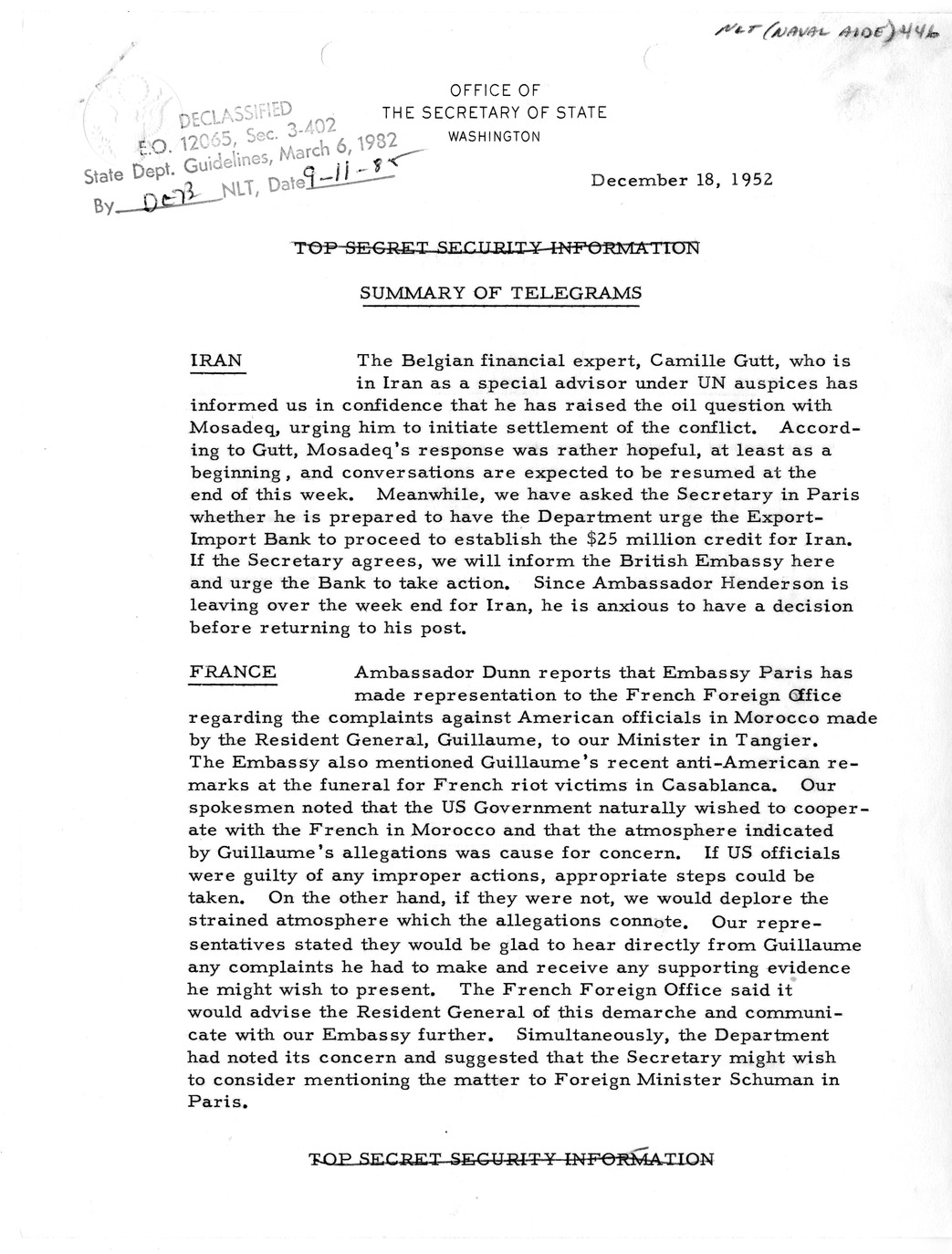 Memorandum, State Department Summary of Telegrams