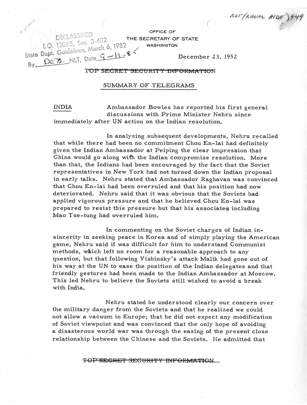 Memorandum, State Department Summary of Telegrams