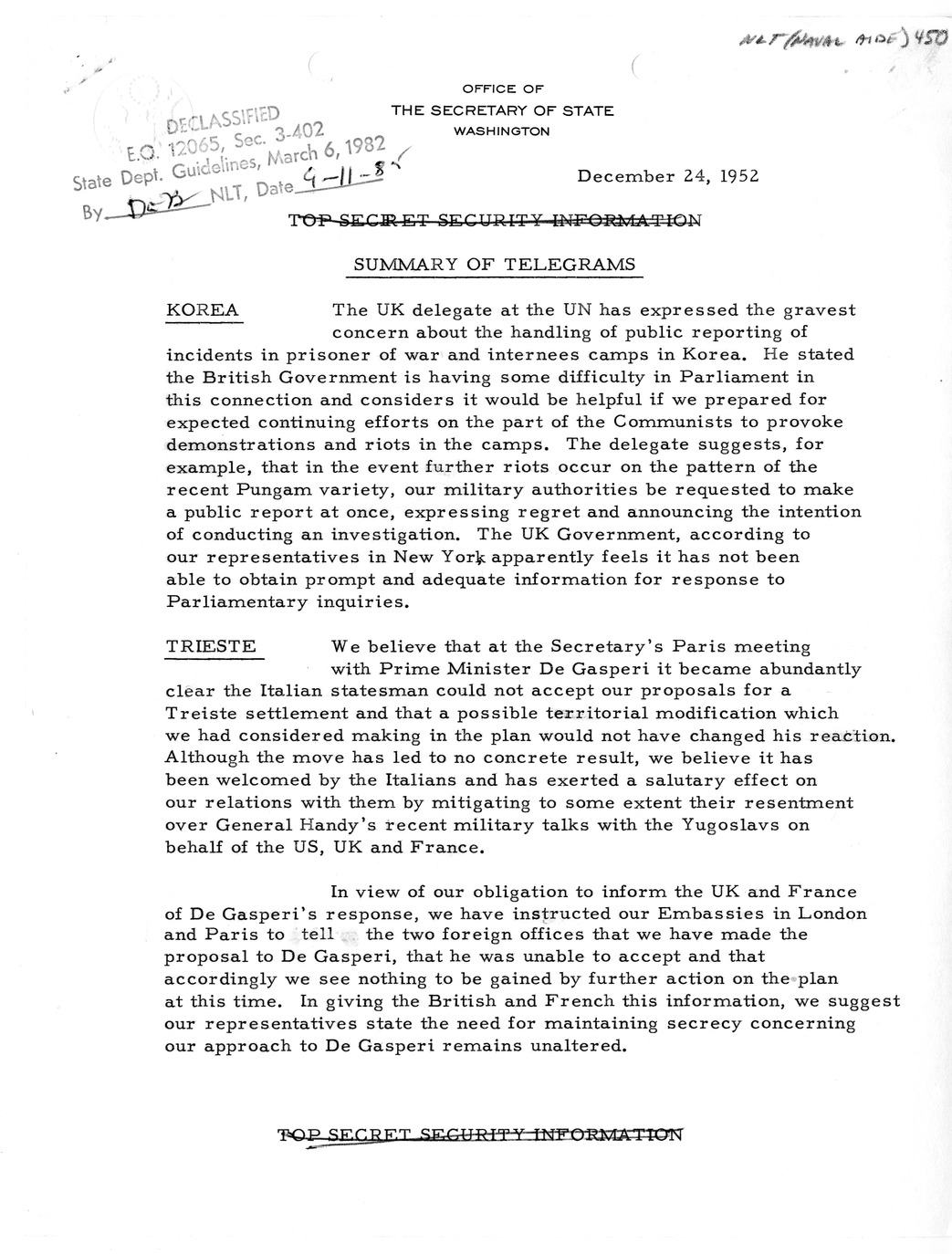 Memorandum, State Department Summary of Telegrams