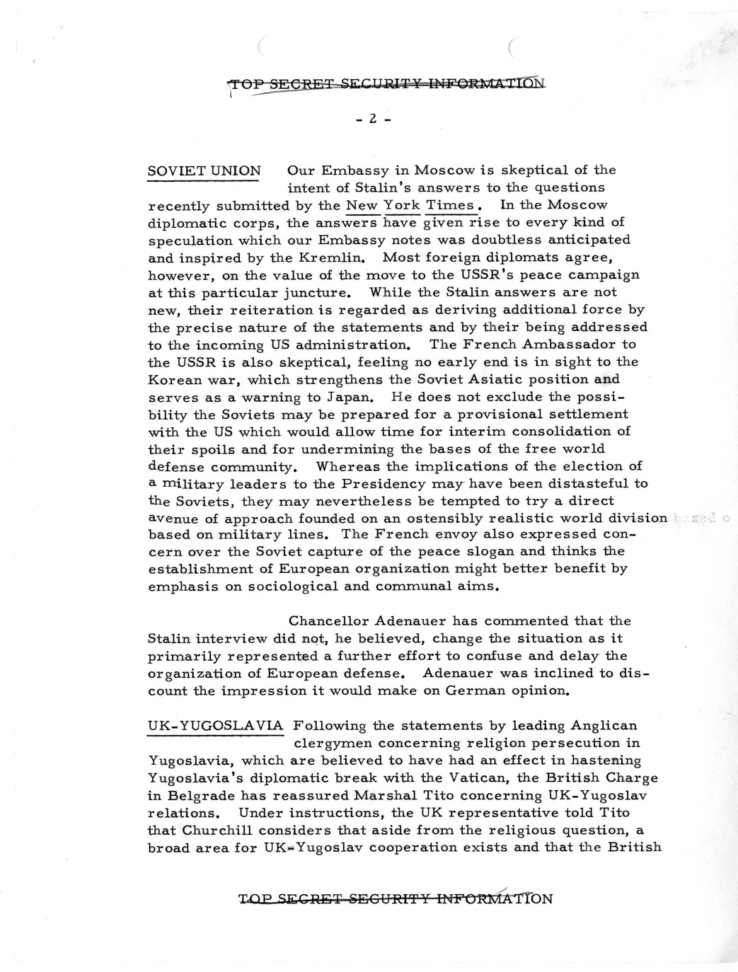 Memorandum, State Department Summary of Telegrams