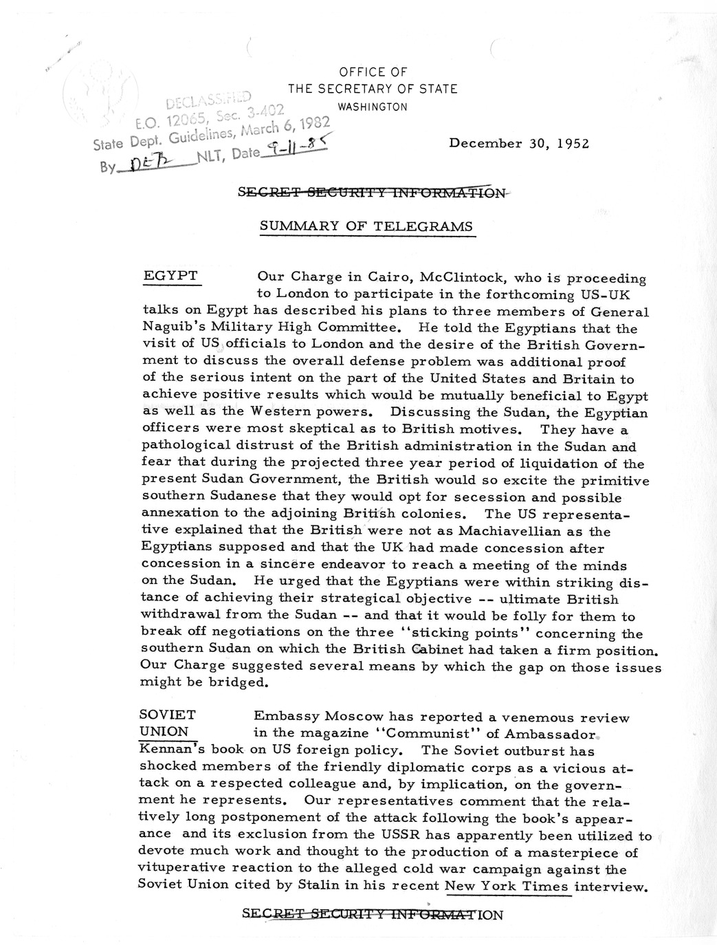 Memorandum, State Department Summary of Telegrams