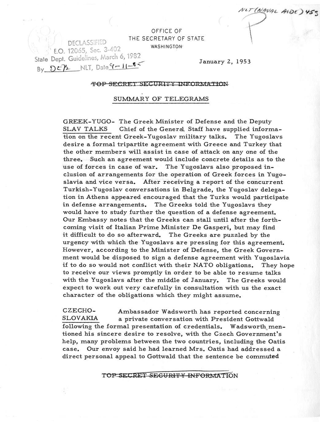 Memorandum, State Department Summary of Telegrams