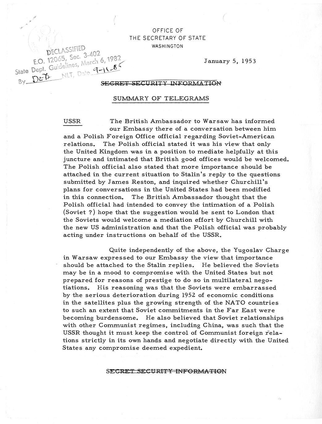 Memorandum, State Department Summary of Telegrams