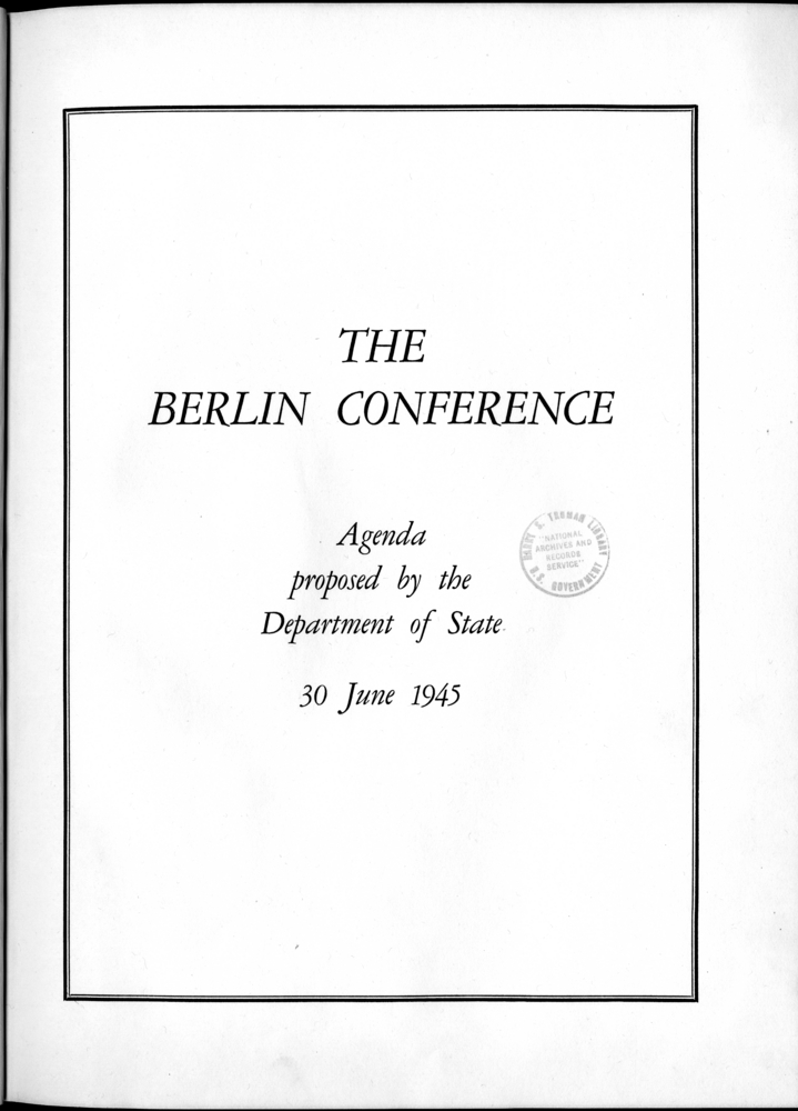 Cover, Table of Contents, and Agenda for the Berlin Conference: Agenda Proposed by the Department of State