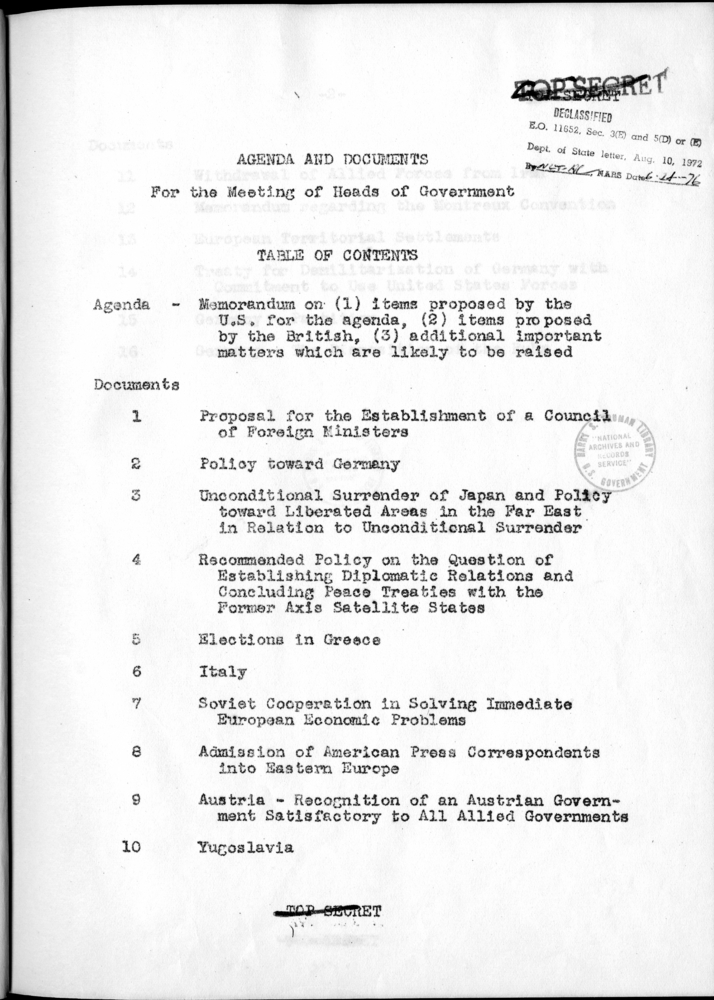 Cover, Table of Contents, and Agenda for the Berlin Conference: Agenda Proposed by the Department of State