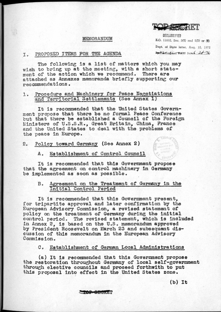 Cover, Table of Contents, and Agenda for the Berlin Conference: Agenda Proposed by the Department of State