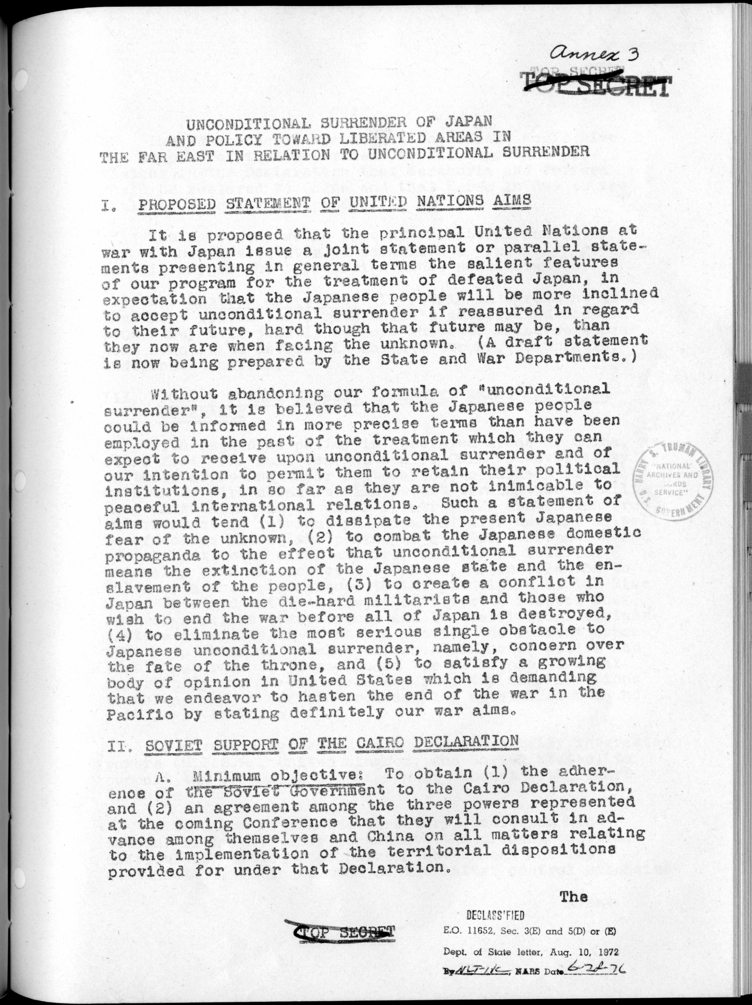 Unconditional Surrender of Japan and Policy Toward Liberated Areas in the Far East in Relation to Unconditional Surrender