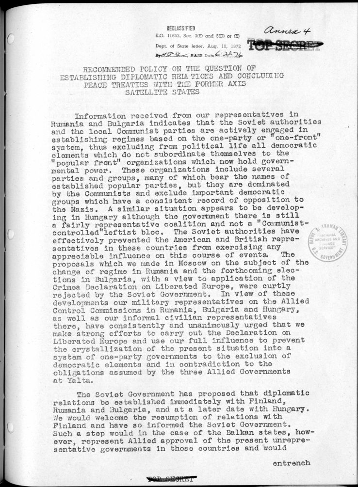 Recommended Policy on the Question of Establishing Diplomatic Relations and Concluding Peace Treaties with the Former Axis Satellite States