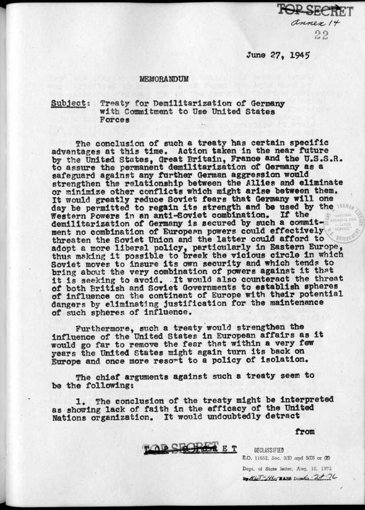 Memorandum on the Treaty for Demilitarization of Germany with Commitment to Use United States Forces