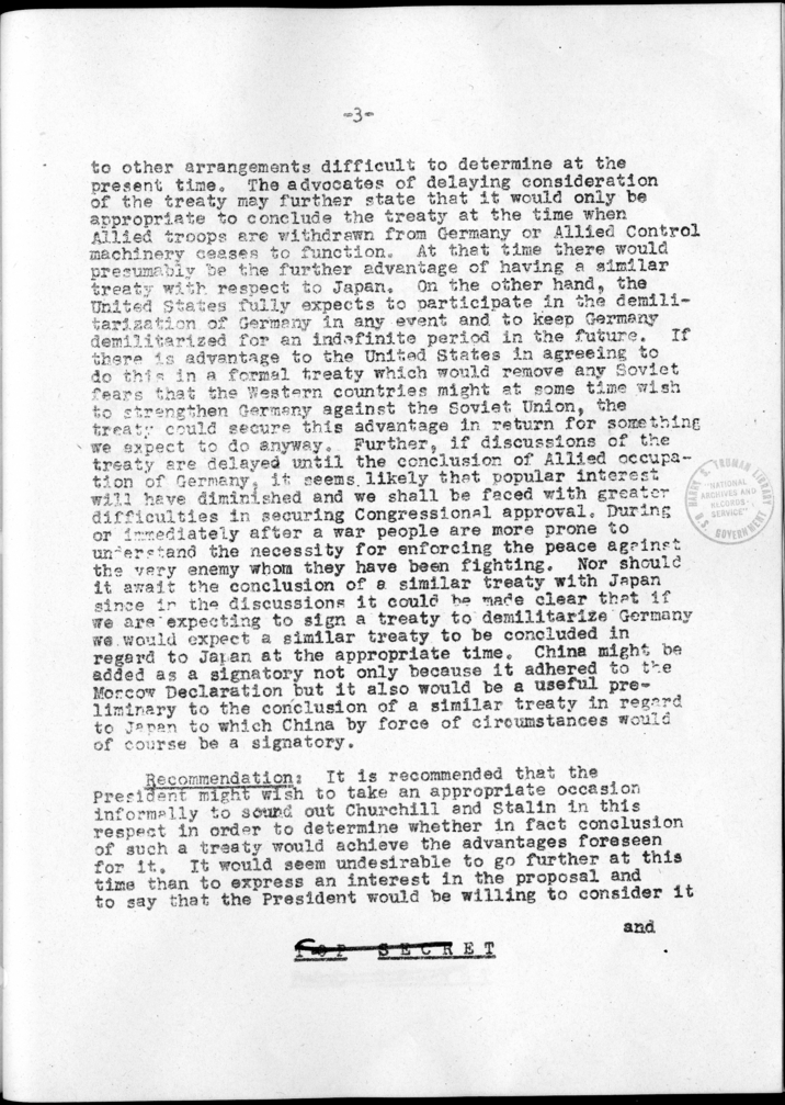 Memorandum on the Treaty for Demilitarization of Germany with Commitment to Use United States Forces