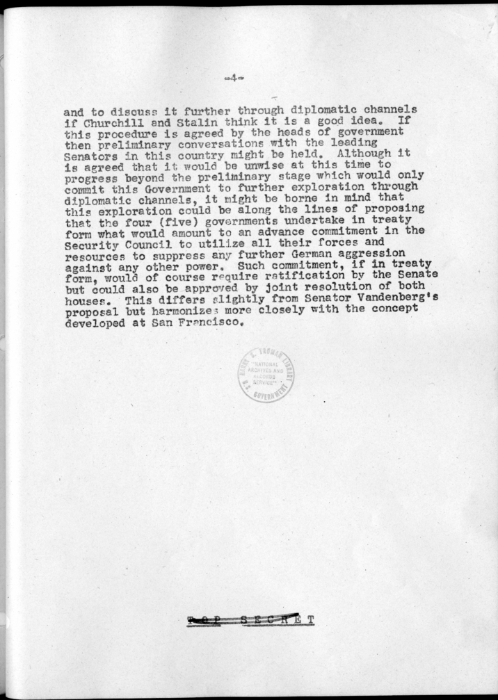 Memorandum on the Treaty for Demilitarization of Germany with Commitment to Use United States Forces