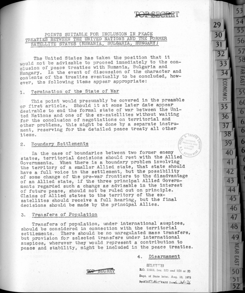 Points Suitable for Inclusion in Peace Treaties Between the United Nations and the Former Satellite States (Rumania, Bulgaria, Hungary)