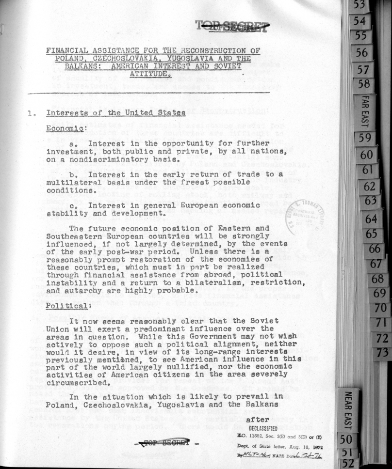 Financial Assistance for the Reconstruction of Poland, Czechoslovakia, Yugoslavia and the Balkans: American Interest and Soviet Attitude