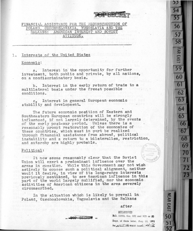 Financial Assistance for the Reconstruction of Poland, Czechoslovakia, Yugoslavia and the Balkans: American Interest and Soviet Attitude