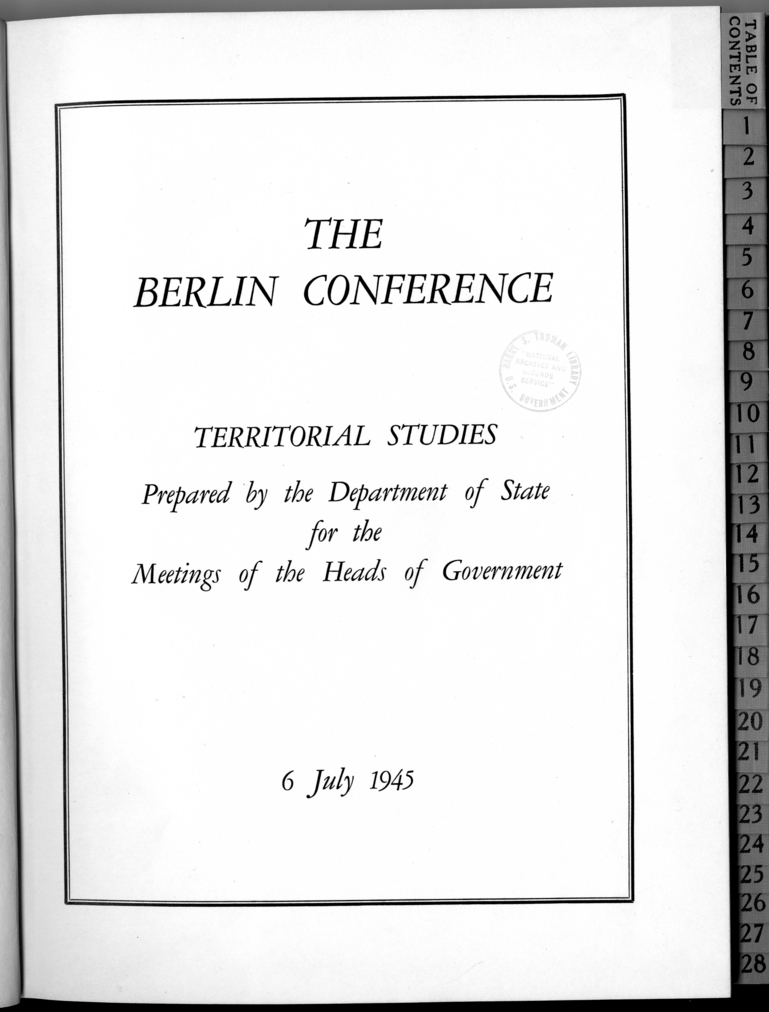 Cover and Title Page of The Berlin Conference: Territorial Studies Prepared by the Department of State for the Meetings of the Heads of Governments