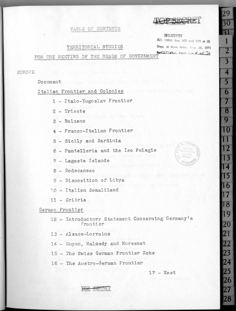 Table of Contents Territorial Studies for the Meeting of the Heads of Government