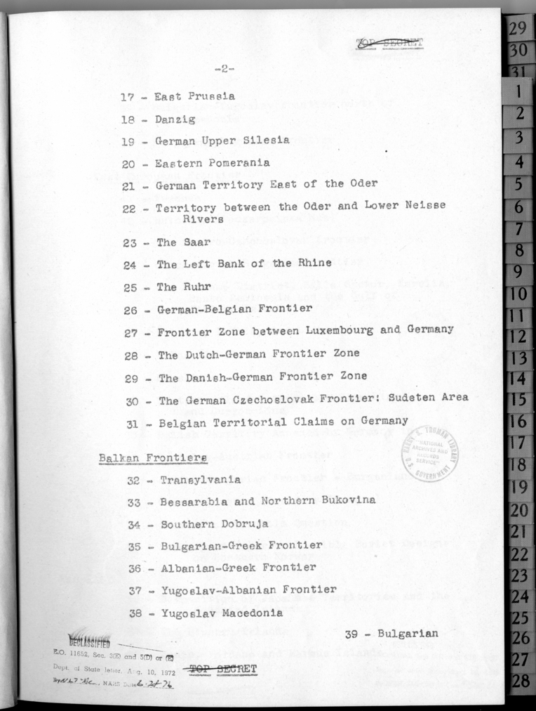 Table of Contents Territorial Studies for the Meeting of the Heads of Government