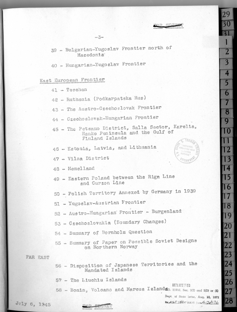 Table of Contents Territorial Studies for the Meeting of the Heads of Government