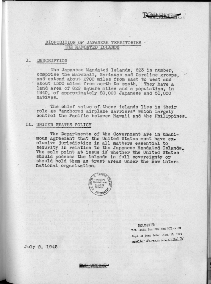 Disposition of the Japanese Territories the Mandated Islands