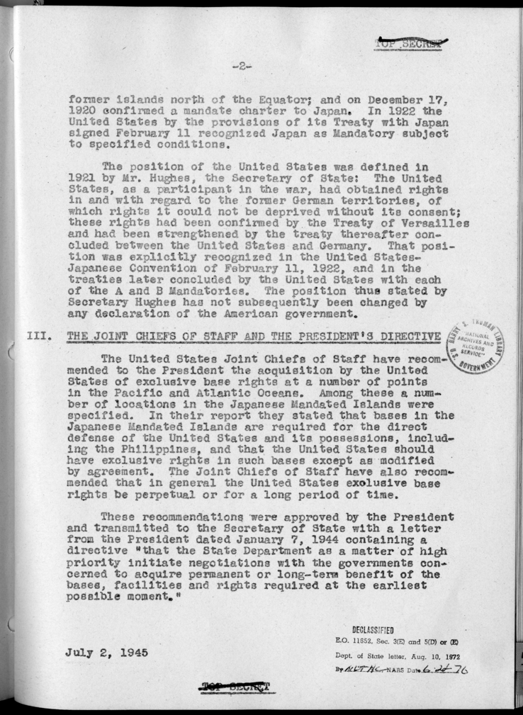 Disposition of the Japanese Territories the Mandated Islands