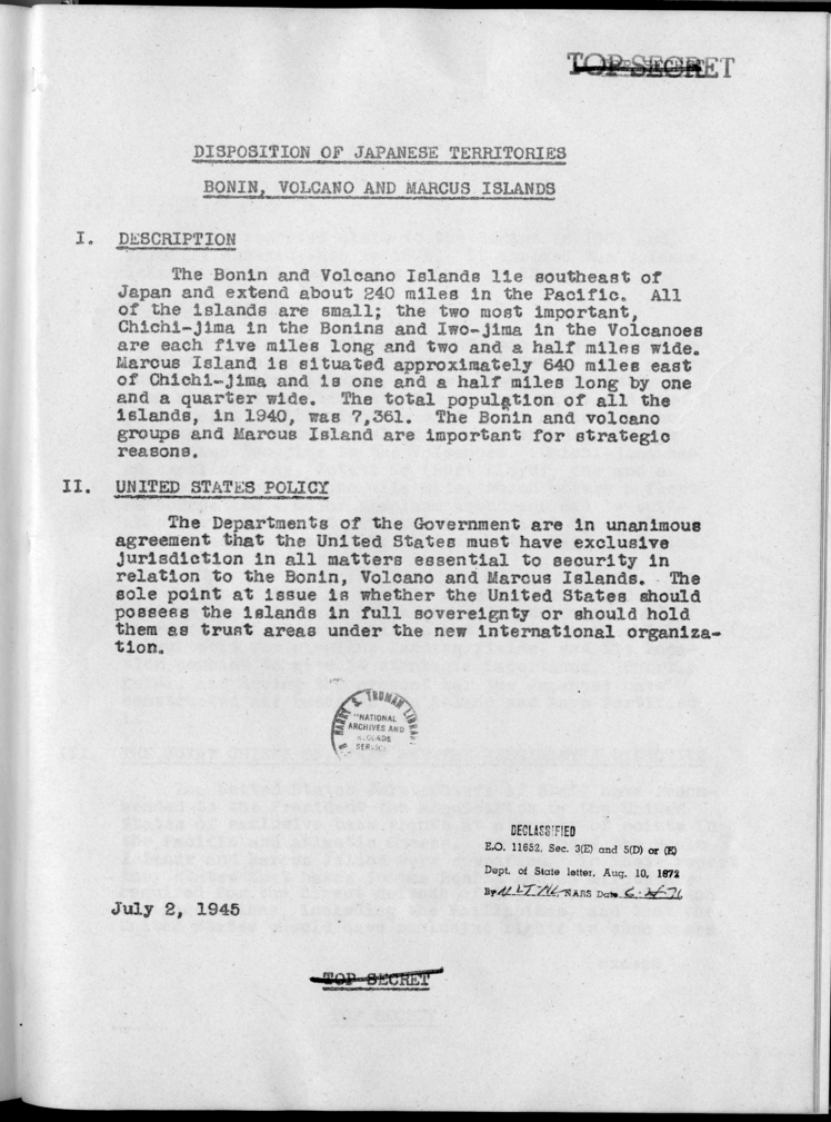 Disposition of Japanese Territories Bonin, Volcano, and Marcus Islands