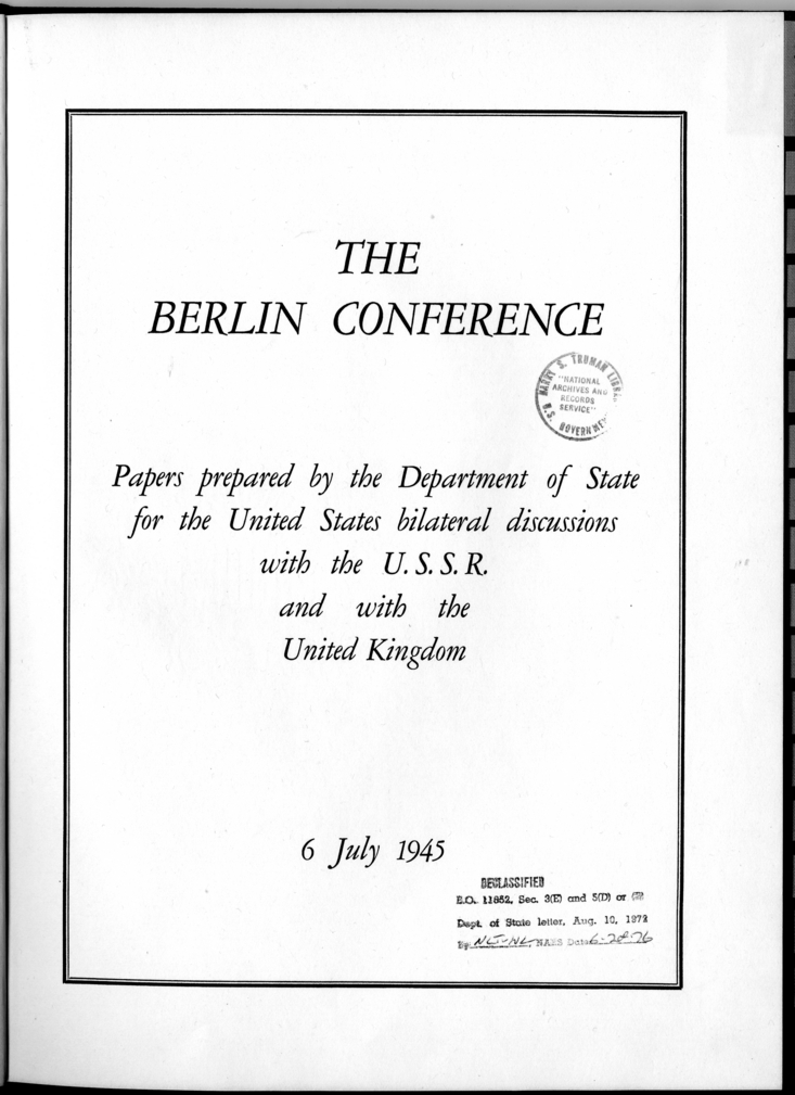 Cover and Table of Contents of The Berlin Conference Papers Prepared by the Department of State for the United States Bilateral Discussions with the U.S.S.R. and with the United Kingdom