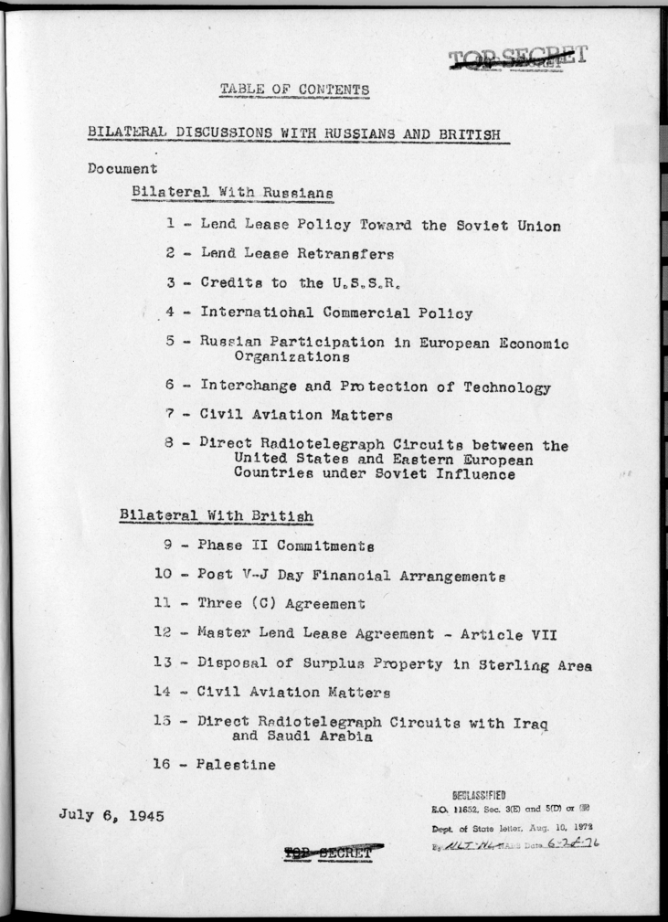Cover and Table of Contents of The Berlin Conference Papers Prepared by the Department of State for the United States Bilateral Discussions with the U.S.S.R. and with the United Kingdom