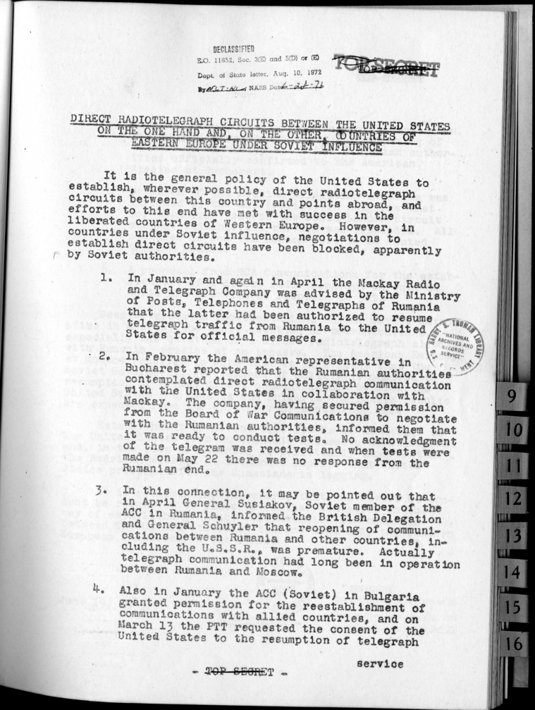 Direct Radiotelegraph Circuits Between the United States on the One Hand and, on the Other, Countries of Eastern Europe Under Soviet Influence