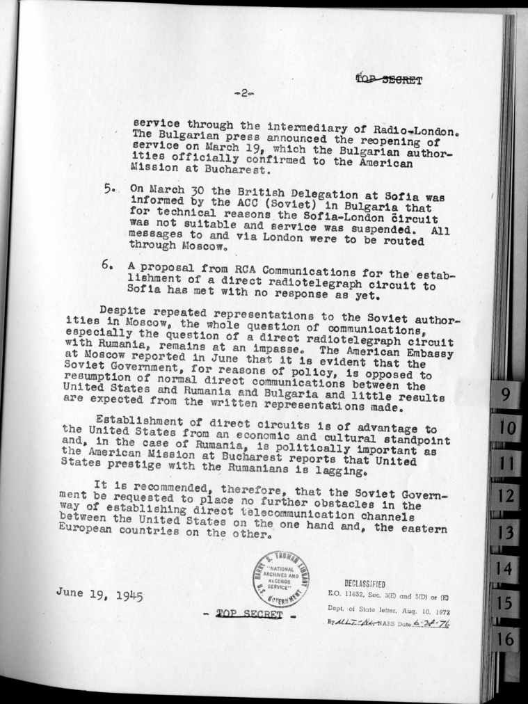 Direct Radiotelegraph Circuits Between the United States on the One Hand and, on the Other, Countries of Eastern Europe Under Soviet Influence