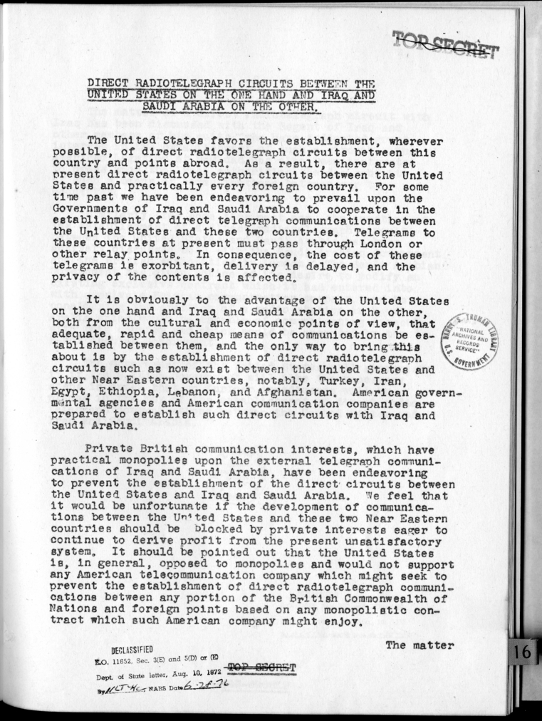 Direct Radiotelegraph Circuits Between the United States on the One Hand and Iraq and Saudi Arabia on the Other