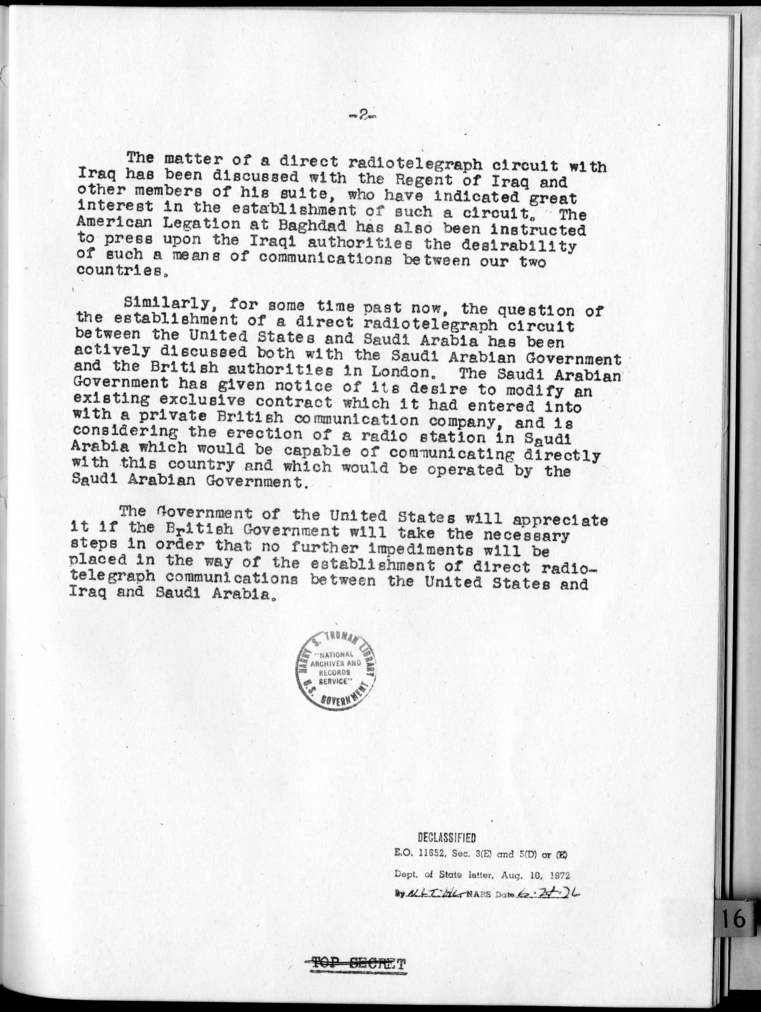 Direct Radiotelegraph Circuits Between the United States on the One Hand and Iraq and Saudi Arabia on the Other