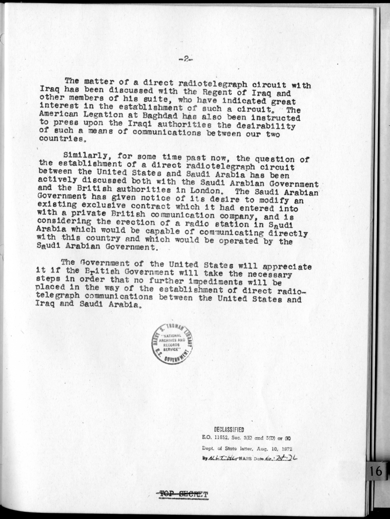 Direct Radiotelegraph Circuits Between the United States on the One Hand and Iraq and Saudi Arabia on the Other