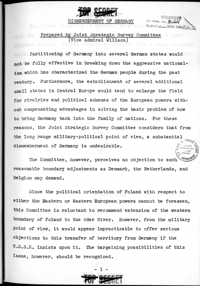 THE BERLIN CONFERENCE - Comments and Recommendations from the Joint Chiefs of Staff - Dismemberment of Germany