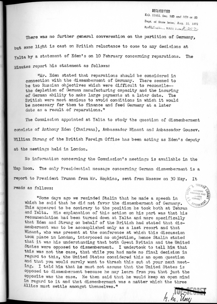 THE BERLIN CONFERENCE - Comments and Recommendations from the Joint Chiefs of Staff - Dismemberment of Germany