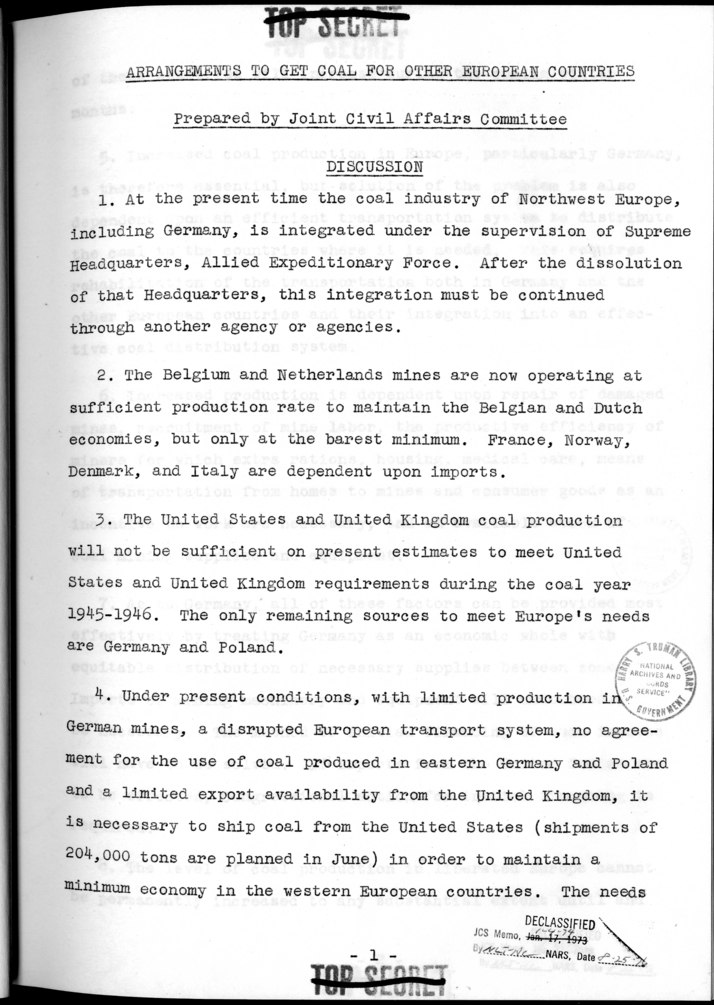 THE BERLIN CONFERENCE - Comments and Recommendations from the Joint Chiefs of Staff - Agreements to Get Coal for Other European Countries