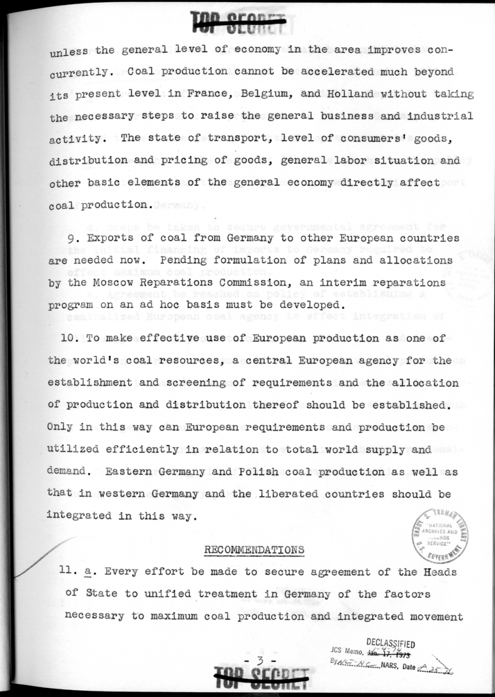 THE BERLIN CONFERENCE - Comments and Recommendations from the Joint Chiefs of Staff - Agreements to Get Coal for Other European Countries