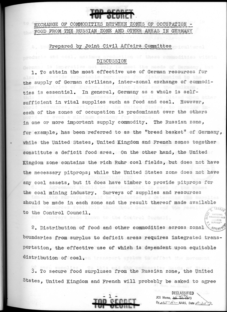 THE BERLIN CONFERENCE - Comments and Recommendations from the Joint Chiefs of Staff - Exchange of Commodities Between Zones of Occupation - Food from the Russian Zone and Other Areas in Germany