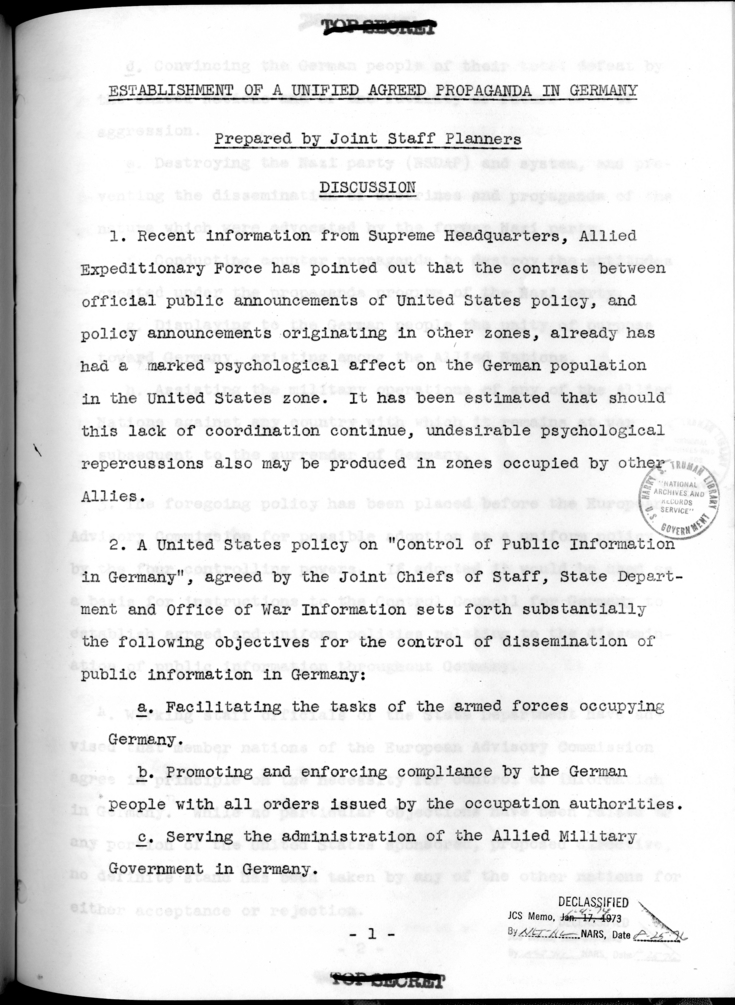 THE BERLIN CONFERENCE - Comments and Recommendations from the Joint Chiefs of Staff - Establishment of a Unified Agreed Propaganda in Germany