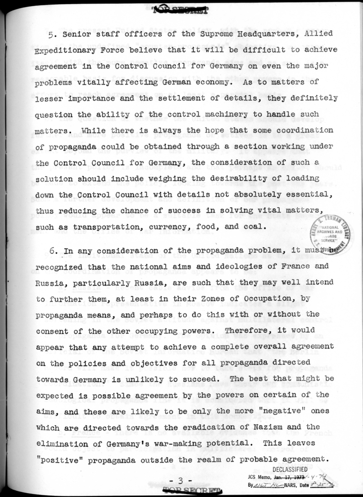 THE BERLIN CONFERENCE - Comments and Recommendations from the Joint Chiefs of Staff - Establishment of a Unified Agreed Propaganda in Germany