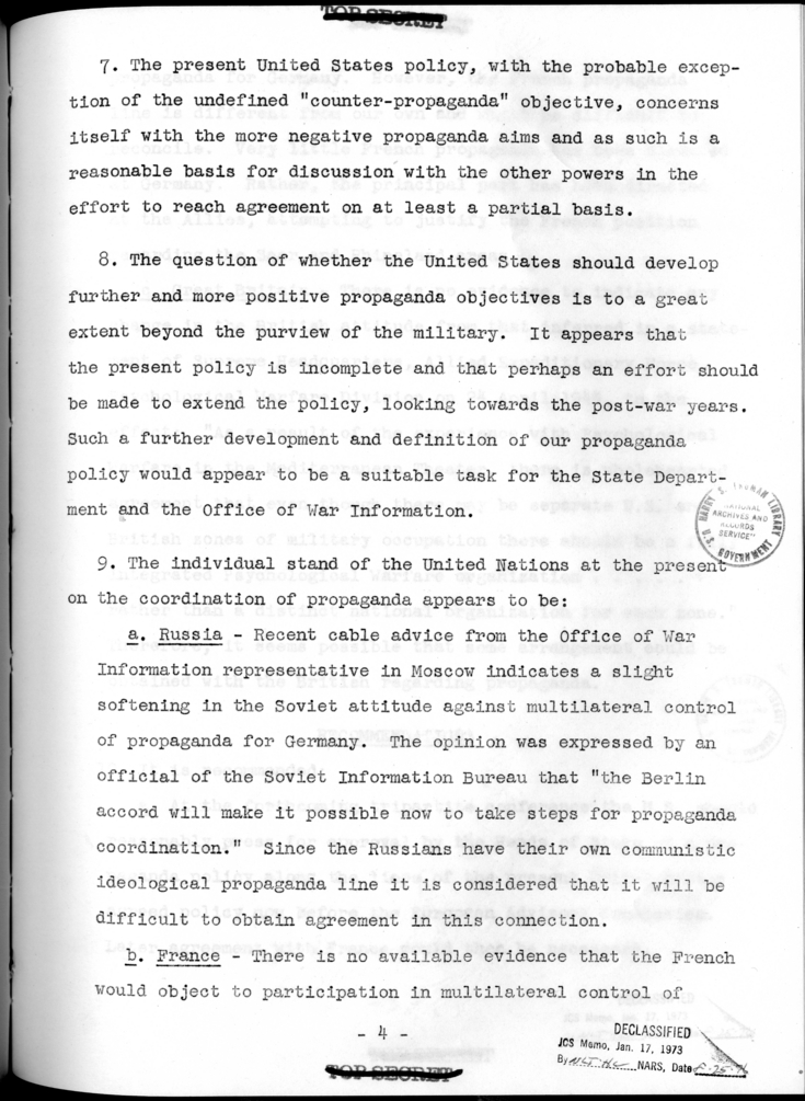 THE BERLIN CONFERENCE - Comments and Recommendations from the Joint Chiefs of Staff - Establishment of a Unified Agreed Propaganda in Germany