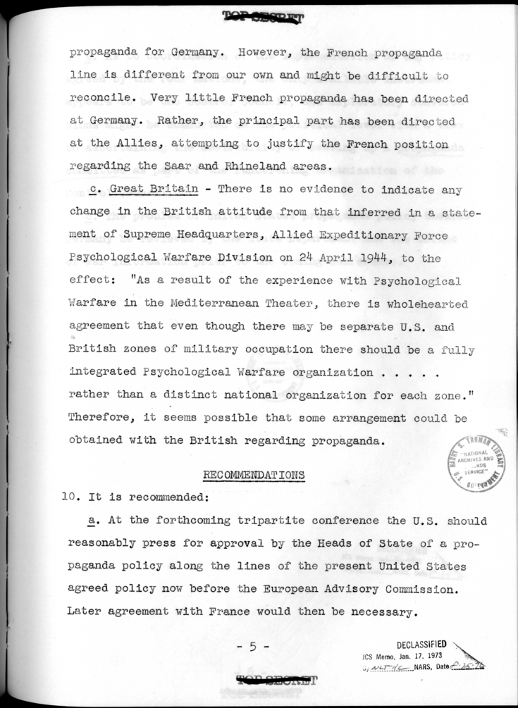 THE BERLIN CONFERENCE - Comments and Recommendations from the Joint Chiefs of Staff - Establishment of a Unified Agreed Propaganda in Germany