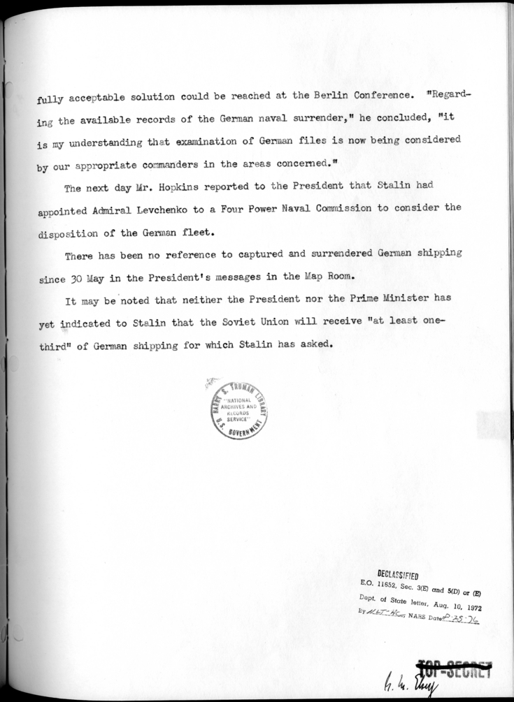 THE BERLIN CONFERENCE - Comments and Recommendations from the Joint Chiefs of Staff - Disposition of German Ships