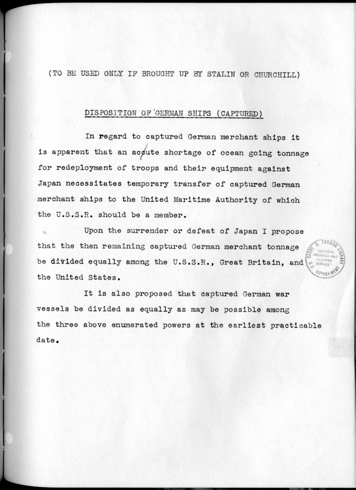 THE BERLIN CONFERENCE - Comments and Recommendations from the Joint Chiefs of Staff - Disposition of German Ships (Captured)