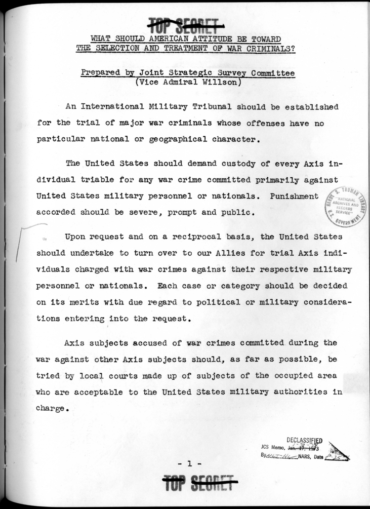 THE BERLIN CONFERENCE - Comments and Recommendations from the Joint Chiefs of Staff - What Should the American Attitude Be Toward the Selection and Treatment of War Criminals?