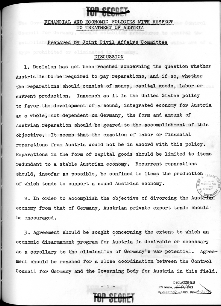 THE BERLIN CONFERENCE - Comments and Recommendations from the Joint Chiefs of Staff - Financial and Economic Policies with Respect to Treatment of Austria