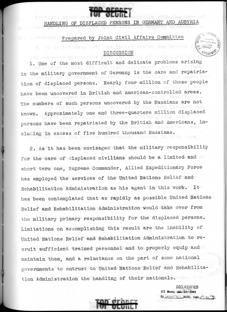 THE BERLIN CONFERENCE - Comments and Recommendations from the Joint Chiefs of Staff - Handling of Displaced Persons in Germany and Ausria