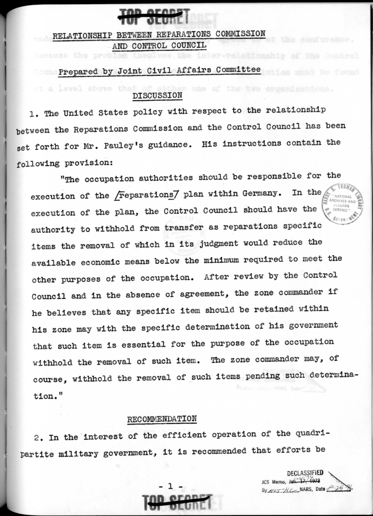 THE BERLIN CONFERENCE - Comments and Recommendations from the Joint Chiefs of Staff - Relationship Between Reparations Commission and Control Council