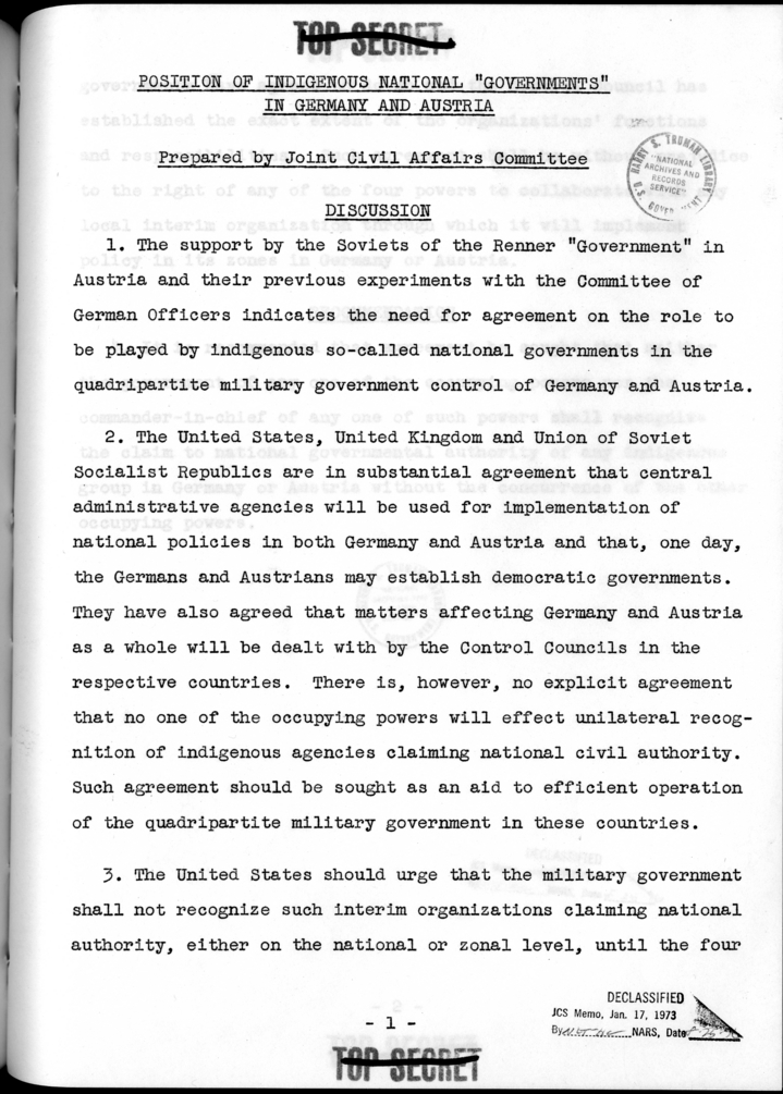 THE BERLIN CONFERENCE - Comments and Recommendations from the Joint Chiefs of Staff - Position of Indigenous National "Governments" in Germany and Austria