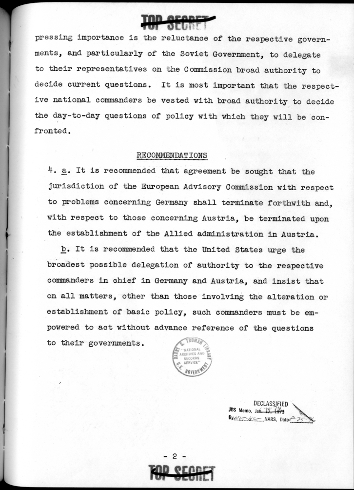 THE BERLIN CONFERENCE - Comments and Recommendations from the Joint Chiefs of Staff - Termination of European Advisory Commission and Delegation of Authority to National Commanders in Chief