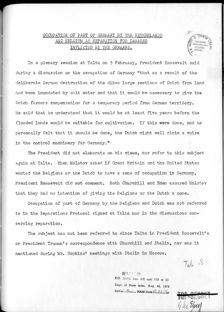 THE BERLIN CONFERENCE - Comments and Recommendations from the Joint Chiefs of Staff - Occupation of Part of Germany by the Netherlands and Belgium as Reparation for Damages Inflicted by the Germans